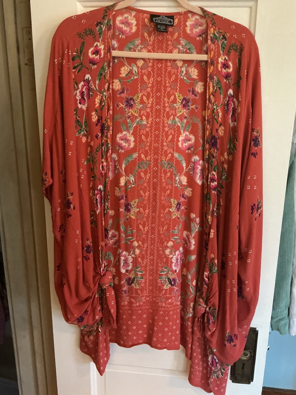 Angie Coral Floral Boho Kimono Cardigan Tie Sleeve